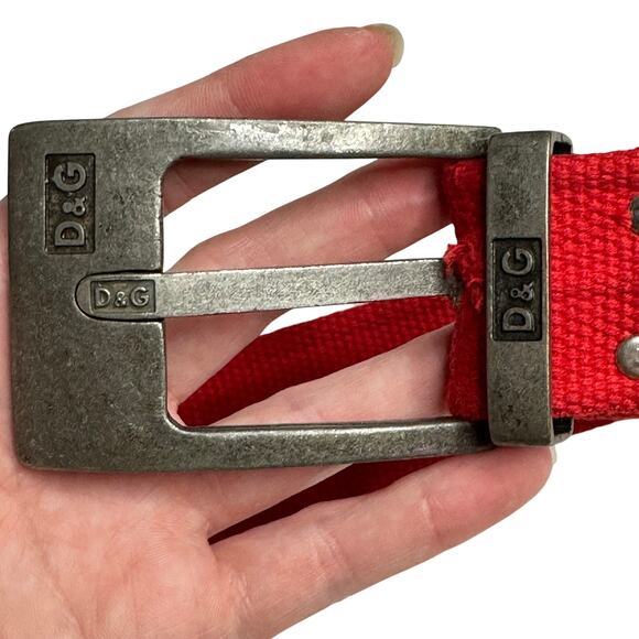 Y2K VTG Dolce & Gabbana Red Canvas Grommet Belt D&G Logo 27-34” Waist Grunge - Picture 6 of 8